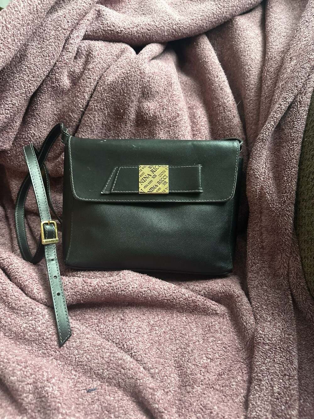 Vintage Nina Ricci Black Leather Crossbody Bag with Bow Flap Detail